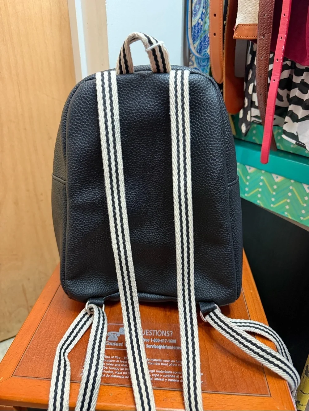Jewell by Thirty-One Mini Backpack Black Faux Leather with Striped Straps